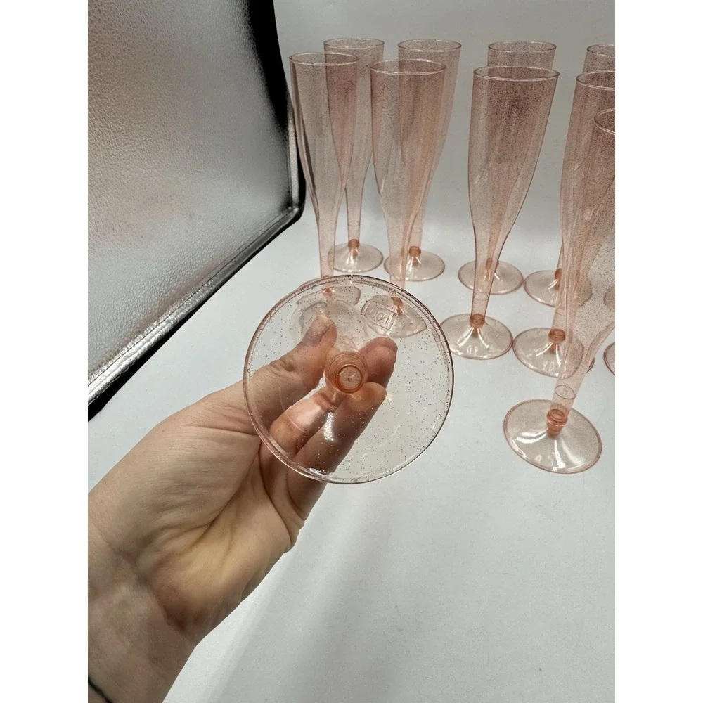 Set Of 14 Rose Gold Pink Disposable Glitter Plastic Champagne Glasses